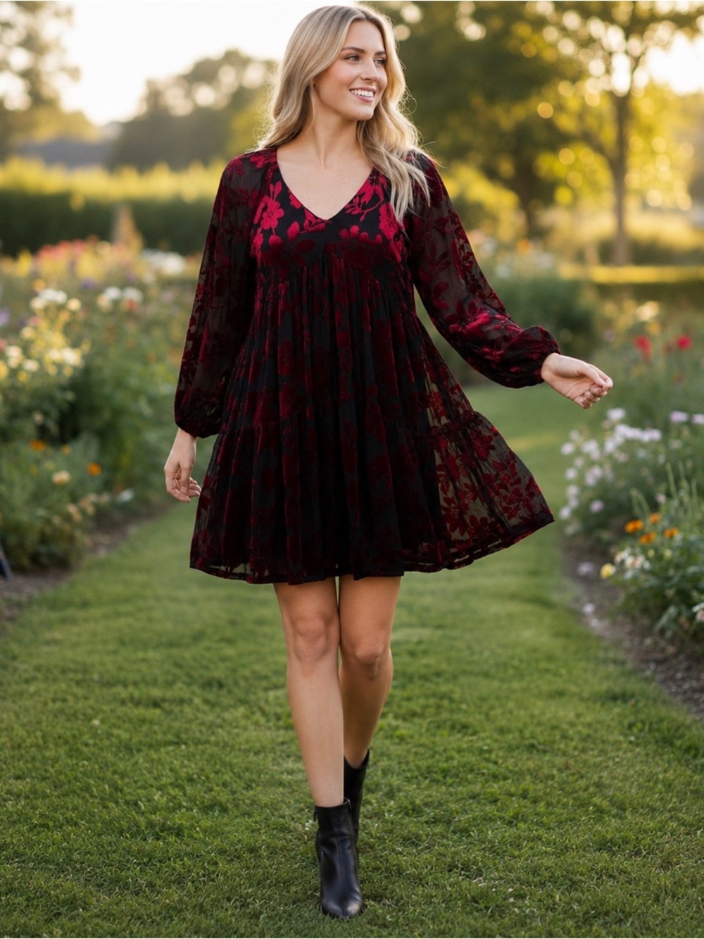 Taylor Velvet Burnout Floral Babydoll Dress Burgundy and Black Sz 14 Whimsygoth